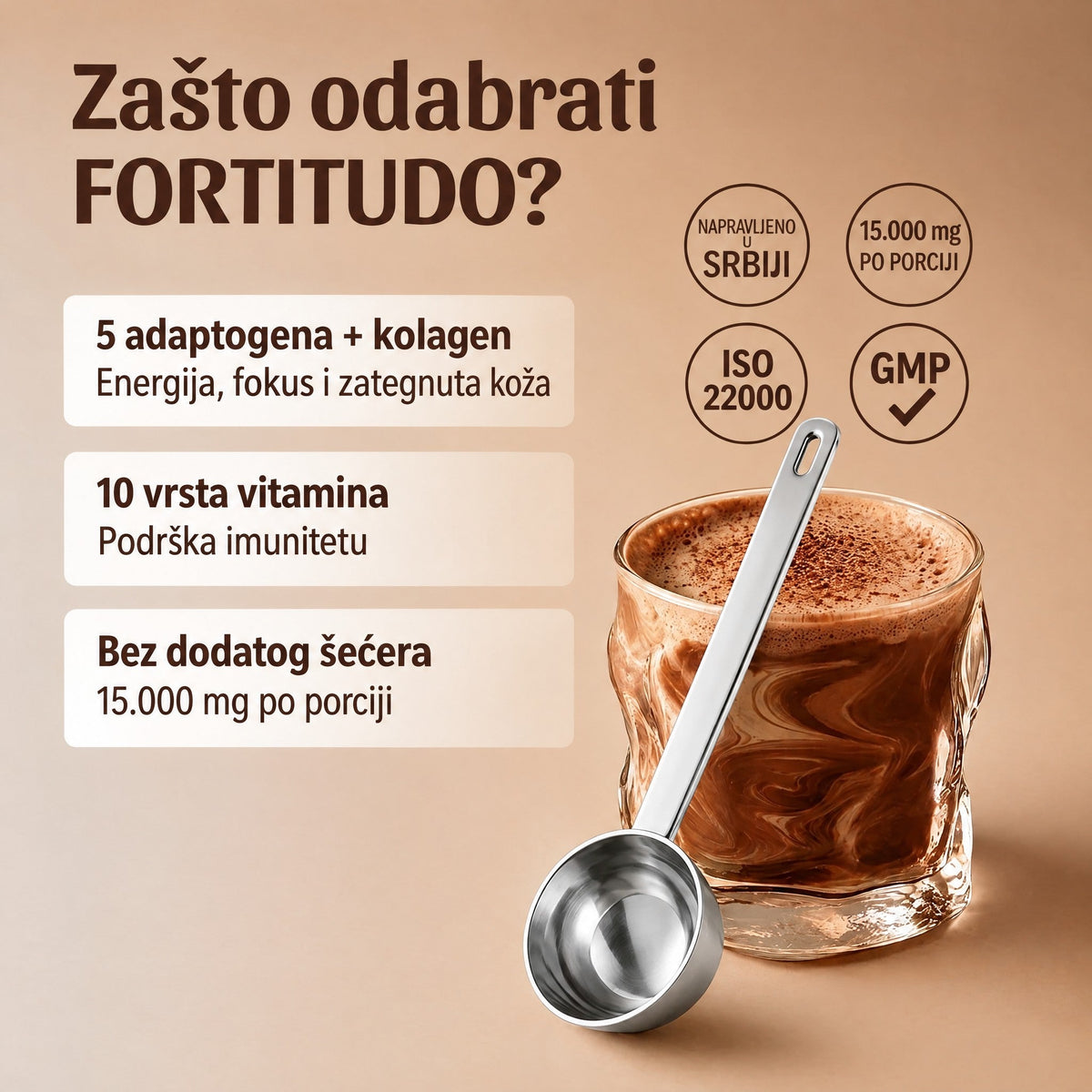 Zašto odabrati Fortitudo: 5 adaptogena i kolagen, 10 vrsta vitamina, bez dodatog šećera, 15.000 mg po porciji